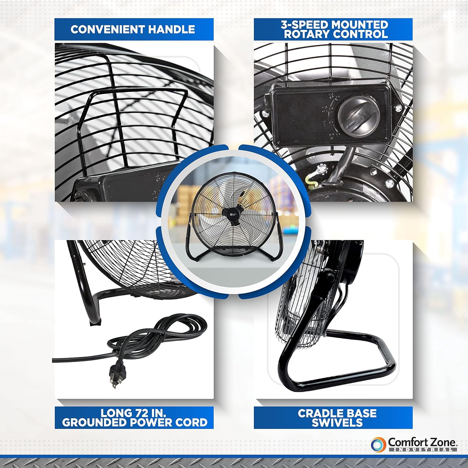 Comfort Zone 18" Metal Floor Fan with Adjustable Tilt, Carry Handle, Rubber Feet
