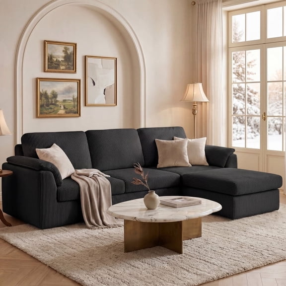Walsunny Sectional Sofa with Storage Chaise and Ottoman, 3 Seat L-shaped Sofa Couch, Modern Soft Fabric Modular Sofa for Living Room, Black