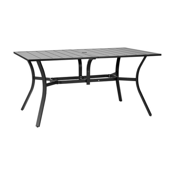 Outdoor Patio Dining Table, 59 inch Long Rectangular Metal Steel Slat Backyard Bistro Tables for 4-6, with 1.5 in Umbrella Hole, All-Weather Large Furniture for Lawn Garden Porch, Black