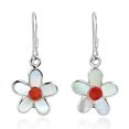 thumbnail image 1 of Cute Flower w/ Shell & Red Synthetic Coral Inlay Sterling Silver Dangle Earrings, 1 of 5