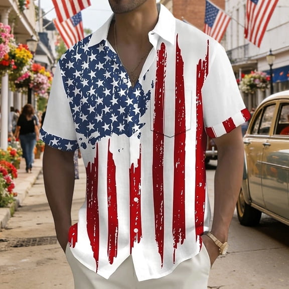 Mens Button Down Shirts Short Sleeve USA 250th Anniversary Shirt Independence Days Summer Top White L