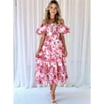thumbnail image 4 of Women'S Summer Casual Midi Dress Puffy Short Sleeve Square Neck Smocked Tiered Ruffle Dresses Light Red Flowers S, 4 of 5