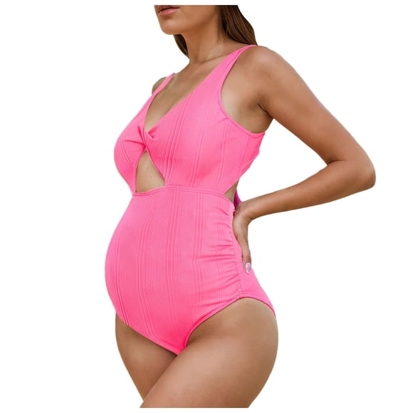 NIEWTR Maternity Cutout One Piece Swimsuit Vneck Cross Back Bathing Suit High Waisted Pregnancy Swimwear(Hot Pink,L)