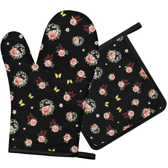 Pioneer Flower Floral Print Pattern 1-Pack Oven Mitts Set, Heat Resistant Kitchen Gloves, 7.7" X 12"