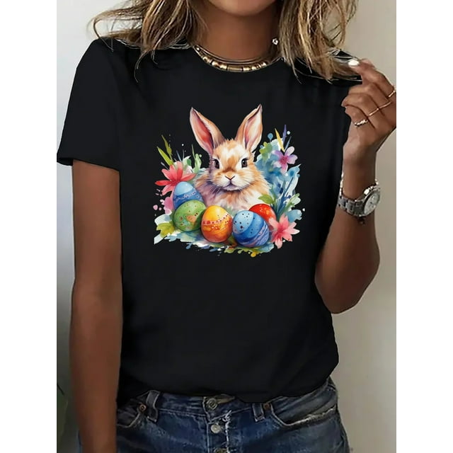 Women's Easter Bunny & Egg Print Casual Tee - Soft, Stretchy ,Round Neck, Perfect for Spring Celebrations