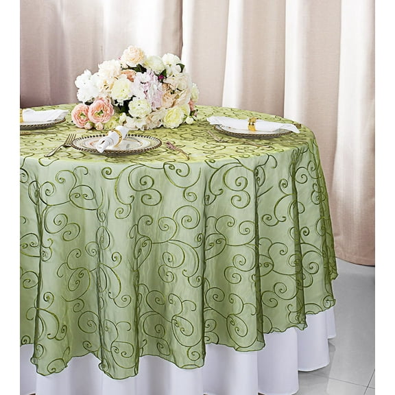 Wedding Linens Inc. 108" Round Seamless Embroidered Organza Table Overlay Tablecloth - Moss Green