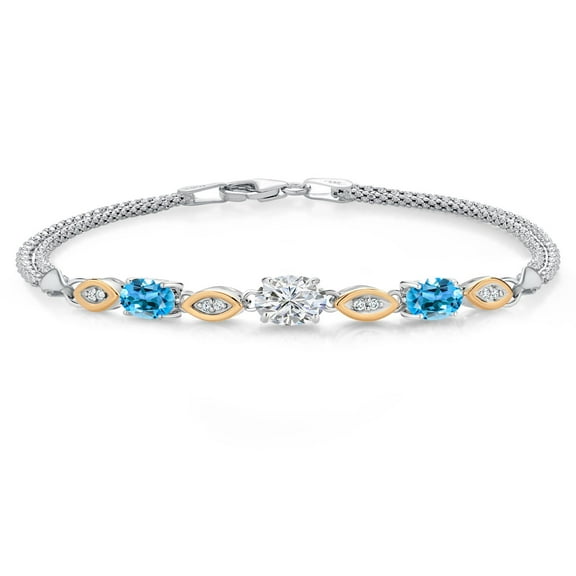 Gem Stone King 925 Silver and 10K Yellow Gold Lab Grown Diamond and Swiss Blue Topaz Bracelet for Women | 1.88 Cttw | Center Diamond 0.70 Ct | DEF Color | VVS-VS Clarity | Wheat Chain | 7 inches