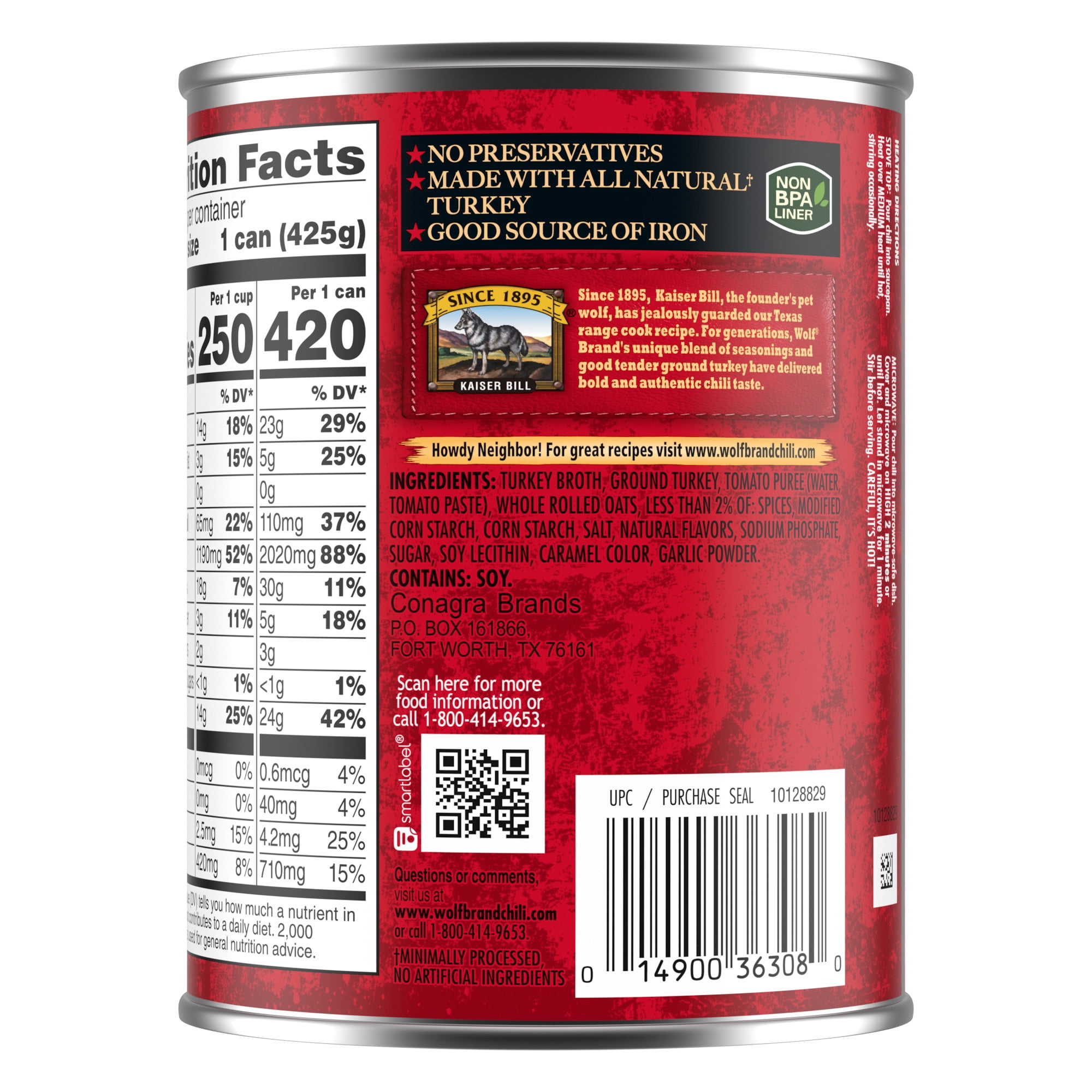 Wolf Brand Turkey Chili Without Beans, 96% Fat Free, 32g Protein Per Serving, 15 oz. Can