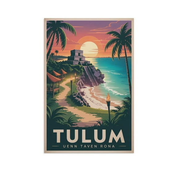 Vintage City Travel Poster of Tulum Showing Jungle Cabins And Ocean Side Scenes Canvas Poster