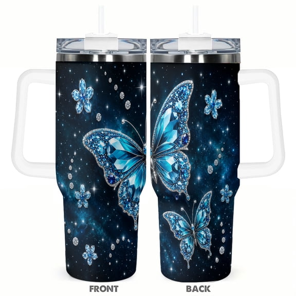 40oz Blue Crystal Butterfly Insulated Tumbler with Handle Rhinestone Starry Sky Car Cup Large Capacity Travel Coffee Cup Gift for Women Birthday Holiday Gift