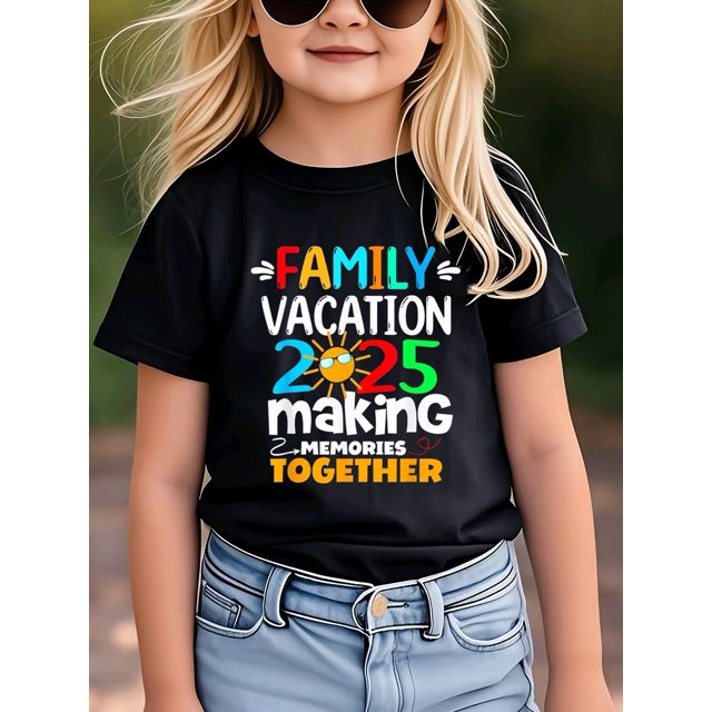 Trendy Cute "Family Vacation 2025" Cartoon Sun Letter Print T-Shirt | Casual Knit Round Neck Short Sleeve Top for Girls | Comfortable Cotton, Perfect for Spring, Summer & Fall