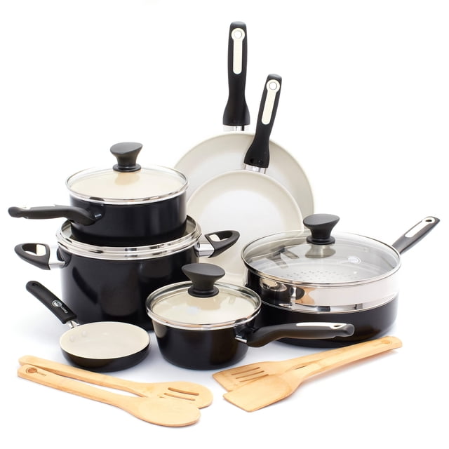 GreenPan Rio Healthy Ceramic - Juego de ollas y sartenes antiadherentes de 16 piezas, sin PFAS, apto para lavaplatos, color negro