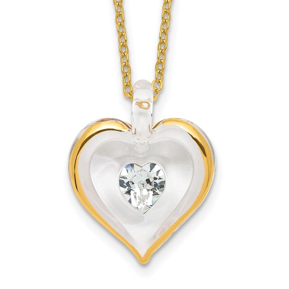 Diamond2Deal 22K Accent Gilding Gold-trim Glass with Clear April Birthstone Crystal from Heart Gold-tone Necklace for Mens 24.5"