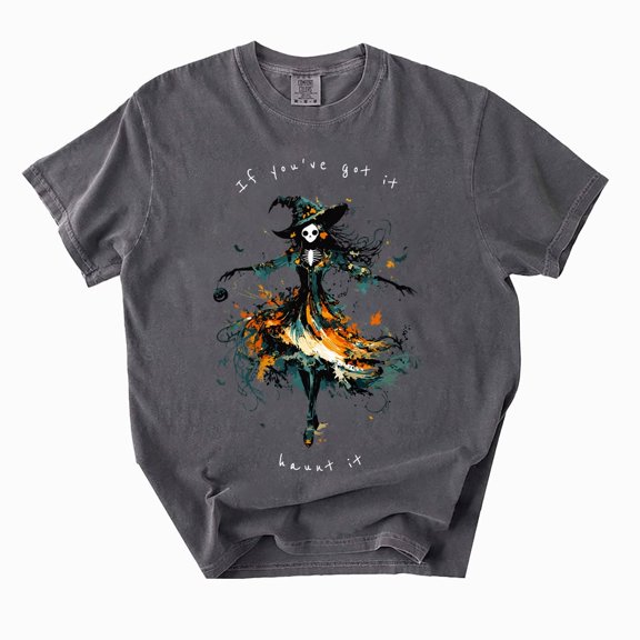 Watercolor Skeleton Witch T-Shirt, Colorful Halloween Graphic Tee for Women