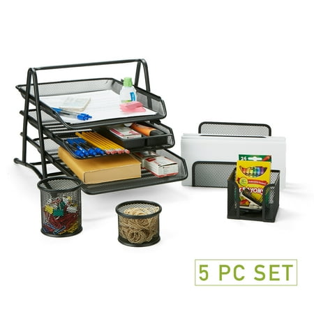 Mind Reader Metal Mesh 5 Piece Office Supply Desk Organizer Set, Black