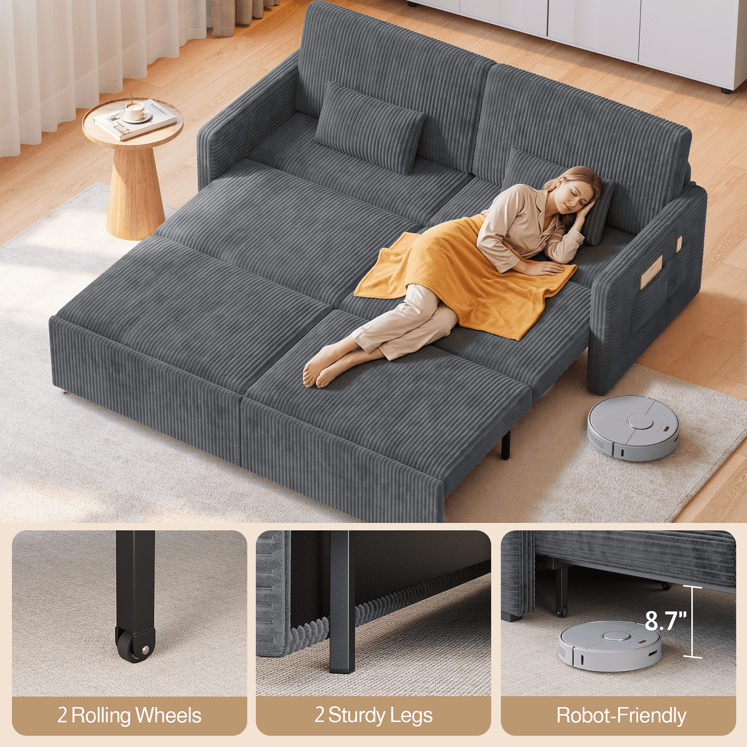 78"W 6 in 1 Convertible  Sofa Bed, Lofka Big Corduroy Sleeper Pull Out Couch with 23.6" Extra Deep Seat, 600 lbs Heavy Duty Metal Frame, Dark Gray