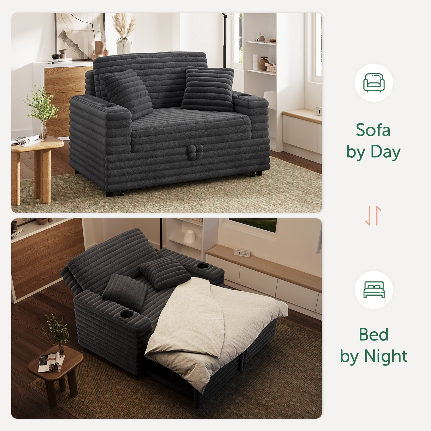 Marrber Gray Plush Sofa 52” 3-in-1 Convertible Pull-Out Sofa Bed Sleeper Loveseat with Reclining Backrest, Built-in Cup Holders, Corduroy Upholstered Sofa for Small Space