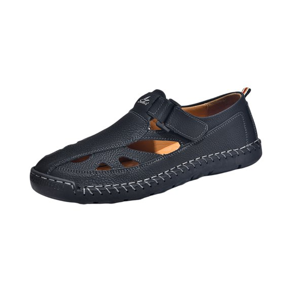 Men's Stylish Leather Hollow Sandals Closed Toe Hook Loop Head Soft Bottom Wading Sandals Summer Beach Lightweight Breathable Anti-Slip Slippers,Black 44(US-10)