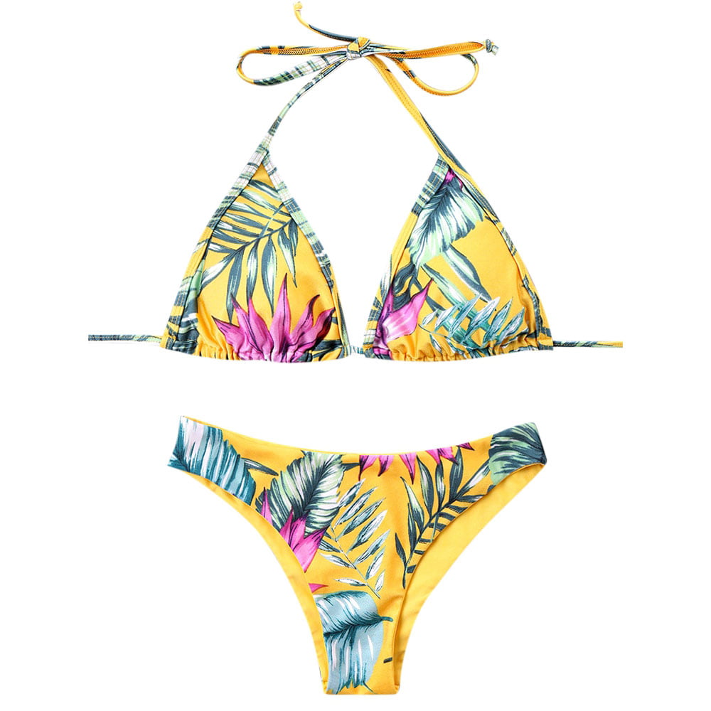 Dressfo - Women's Plant Printed Halter String Swimwear Hawaiian Two ...