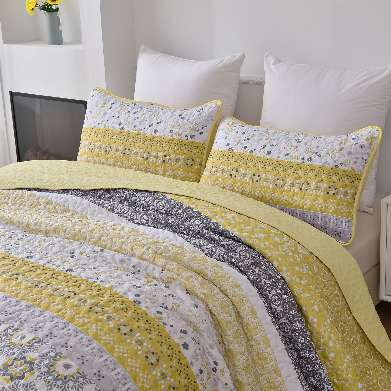 Dintszyayue 3Pcs Floral Boho Quilt Set Queen,Yellow Bohemian Striped Patchwork Bedspread Adult(90"×96")