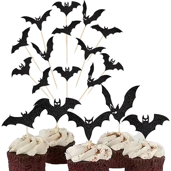 24 PCS Black Glitter Bat Cupcake Toppers, Halloween Cake Picks, Party Cupcake Decorations Supplies