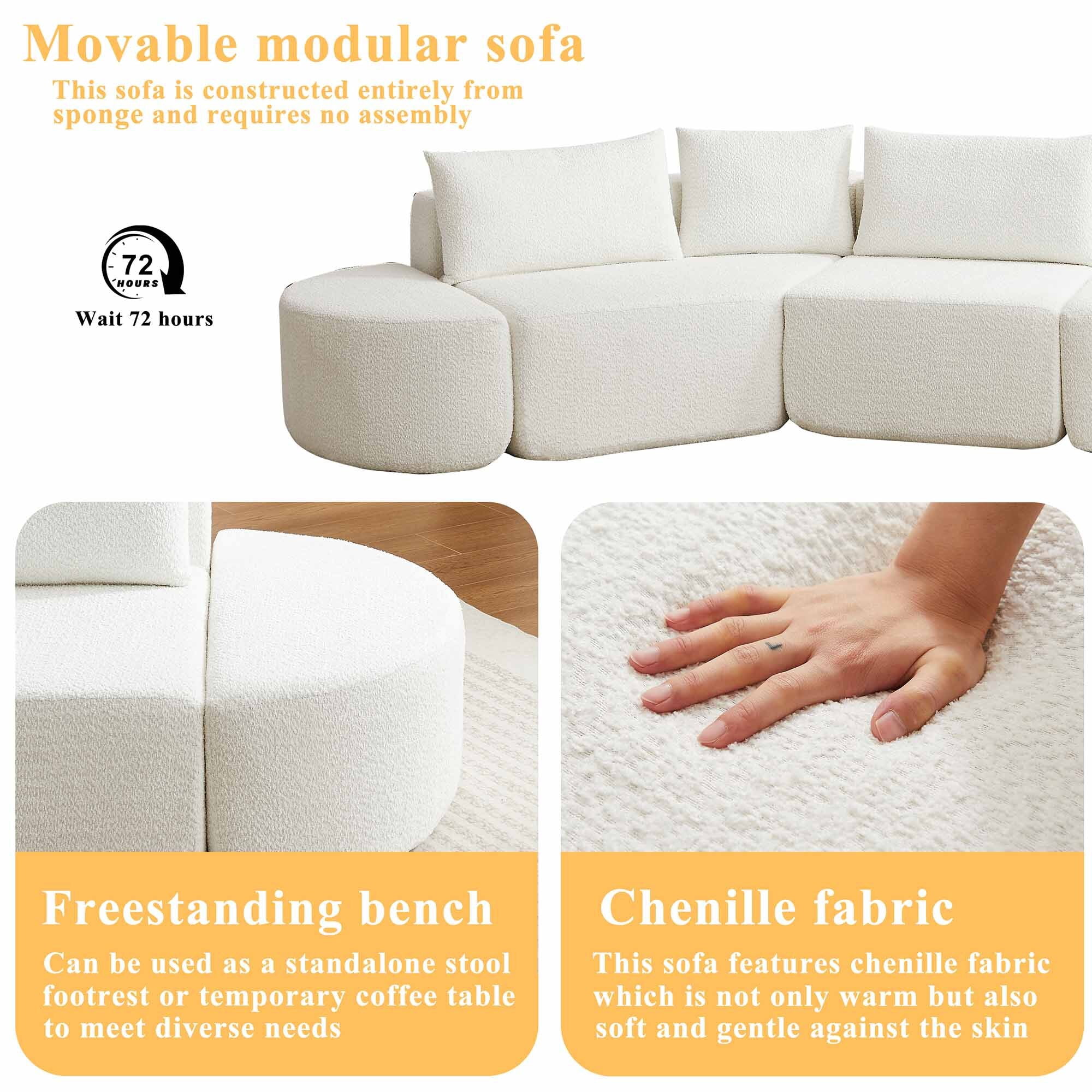 Lunale 106" Oversized Modular Sectional Sofa with 2 Curved Movable Ottomans,Boneless Cloud Couch for Living Room, Beige (Left Chaise)