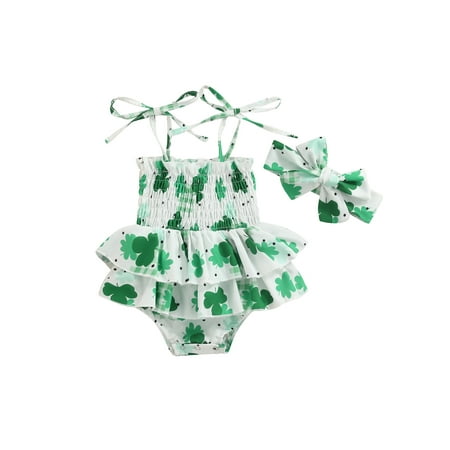 

Cathery Newborn Baby Girl St.Patricks Day Outfits Clover Strap Sleeveless Romper Strap Tutu Bodysuit + Headband