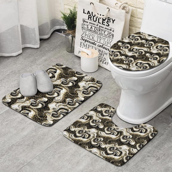 Black White Gold Marble Pattern Bathroom Rugs Sets 3 Piece,Toilet Cover Set,Absorbent Non Slip Bathroom Mats Sets with U-Shaped Contour Rug Toilet Rug Set