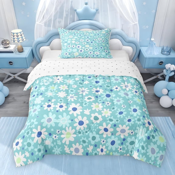 Erosebridal Cute Daisy Flower Twin Comforter Sets for Girls, Blue Bedding Set, Reversible 2-Piece, 1 Comforter and 1 Pillowcase