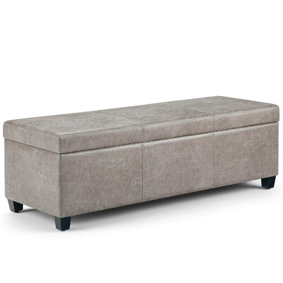 SIMPLIHOME Avalon 48 inch Wide Rectangle Lift Top Storage Ottoman Bench in Upholstered Distressed Grey Taupe Faux Leather with Large Storage Space for the Living Room, Entryway, Bedroom