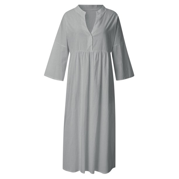 Gibobby Vestido Causal para Mujer de Verano Vestido de lino de manga larga de verano para mujer Vestido suelto de color sólido de una línea(Gris,M)