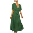 thumbnail image 1 of SMihono Robes Bohémiennes d'Été pour Femmes Grande Taille Mode Décontractée Couleur Unie Col en V à Lacets Manches Évasées Robe à Empiècements, 1 of 6