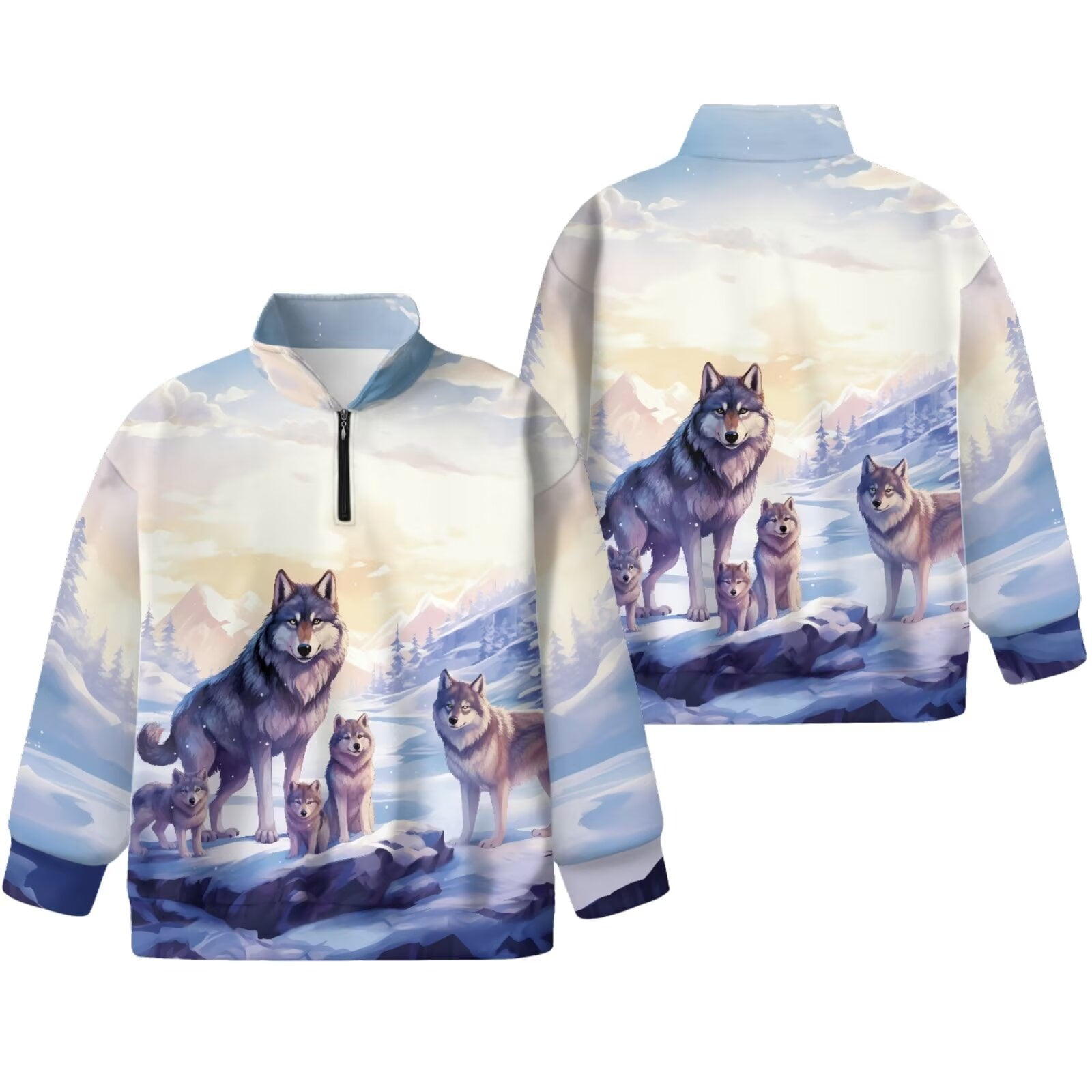 FUIALDOLG Snowy Wolf Sweatshirts Kids Christmas Jumper Girls Long Sleeve Half Zip Sweatshirts Loose Fit Athletic Tops Casual Pullover Tops Activewear，5-6Years