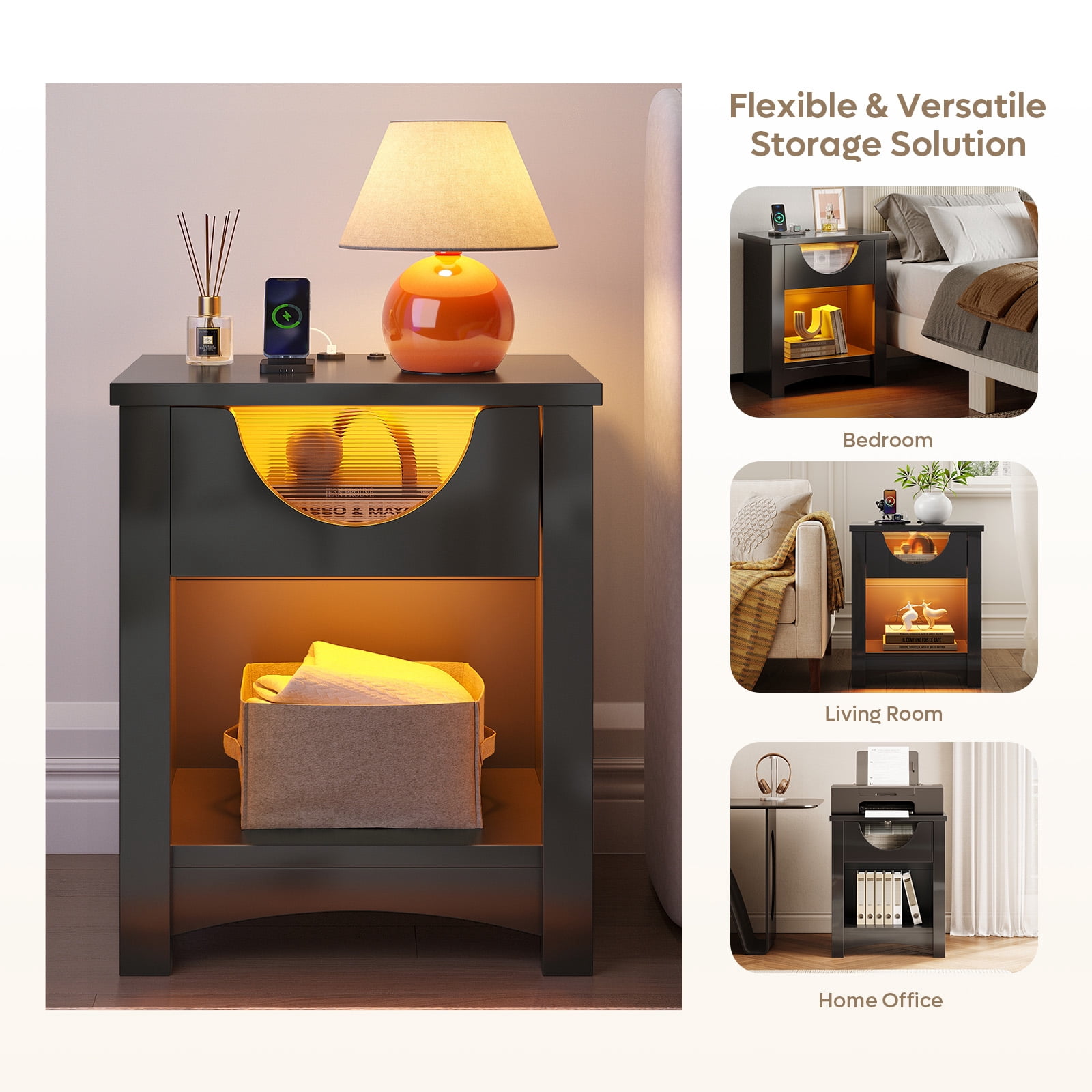 Bestier Black Nightstands Set of 2 with Charging Station, Modern LED End Table Bedside Table with Drawer for Bedroom, Living Room