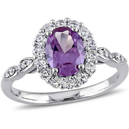 Tangelo 2-1/4 Carat T.G.W. Created Alexandrite, White Topaz and Diamond-Accent 14kt White Gold Vintage Ring