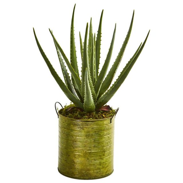 Nearly Natural 9057 Aloe Artificial Plant in Green Metal Planter