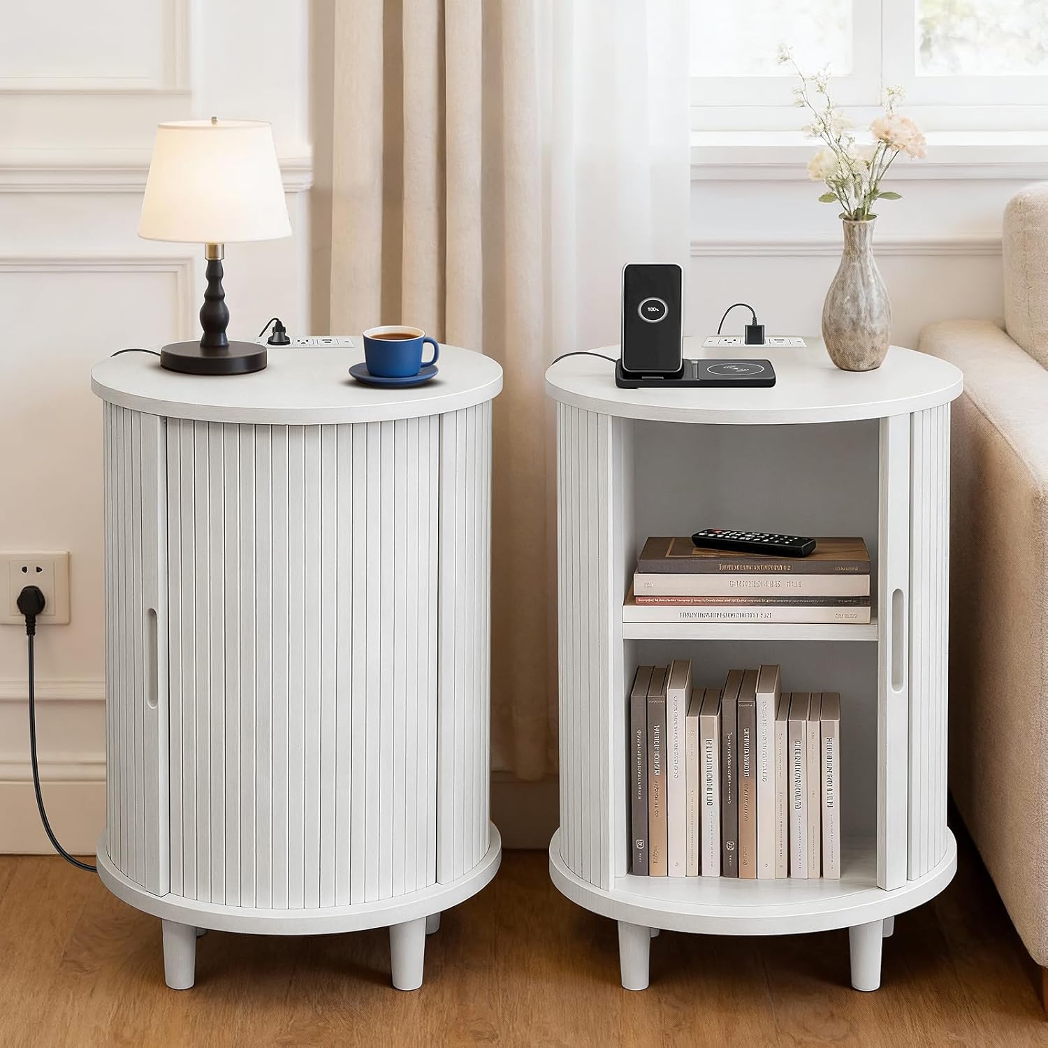 Mid-Century Fluted Round End Table with Storage & Charging Station, Sliding Door and Adjustable Shelf, White Nightstand for Small Spaces, Living Room, Bedroom