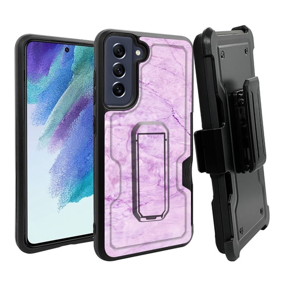 ANJ  Rugged Dual Layer Shockproof Holster Case w/Card Slot, Kickstand   Tempered Glass for Samsung Galaxy S21 FE 5G - Purple Marble Pattern