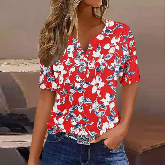 Jsaierl Short Sleeve Tops for Women Plus Size Dressy Button Up Shirts V Neck Flowy Tunic Blouses Fashion Graphic T Shirt Top S-3XL
