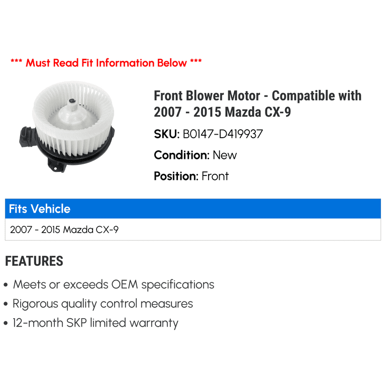 Mazda A/C Heater Blower Motor & Fan Cage - 2014-2018 Mazda 3 & 2013