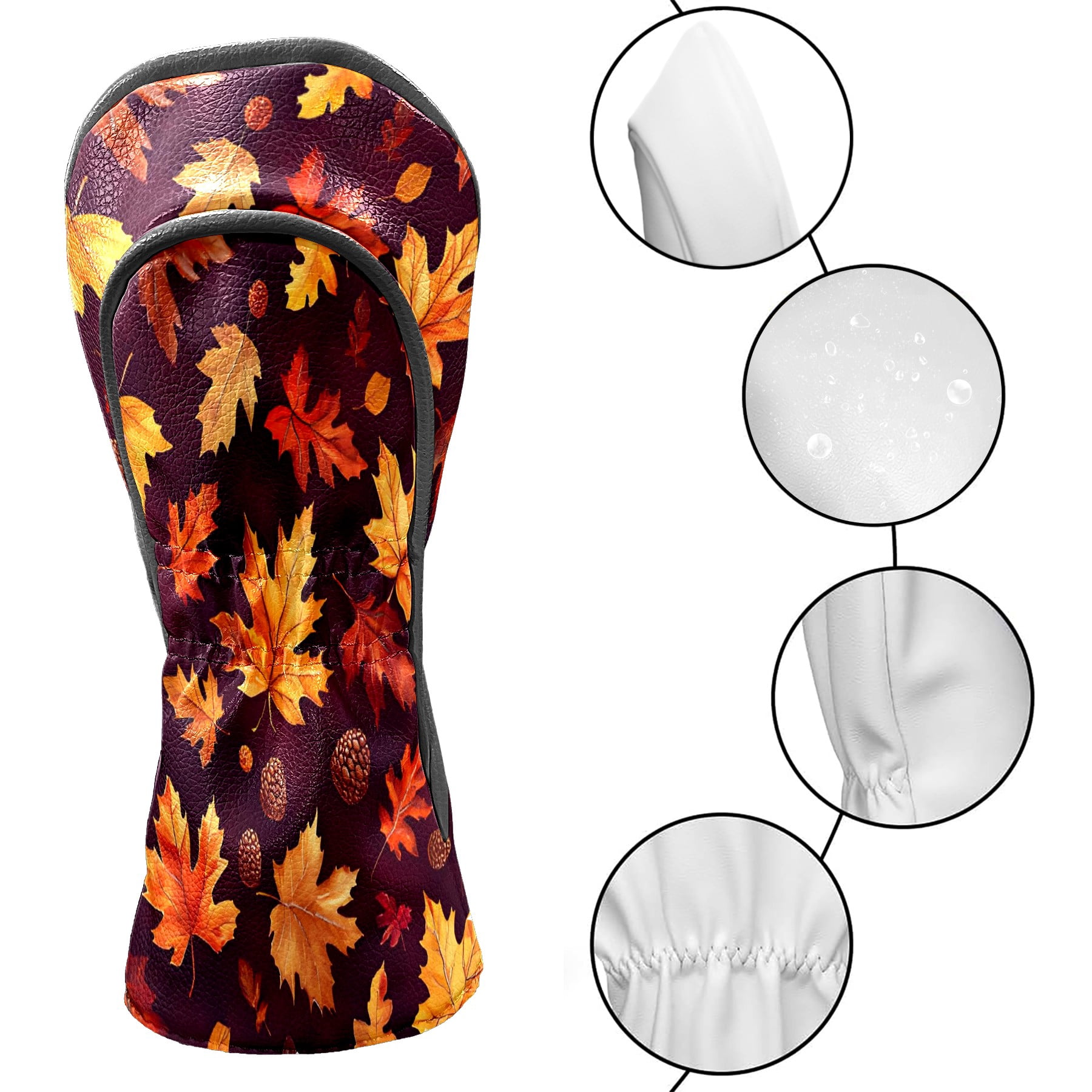 Golf Club Covers, Dark Red Autumn Leaves Premium PU Leather Driver Hybrid Putter Head Covers with Velvet Lining, Waterproof Golf Gifts for Men Women