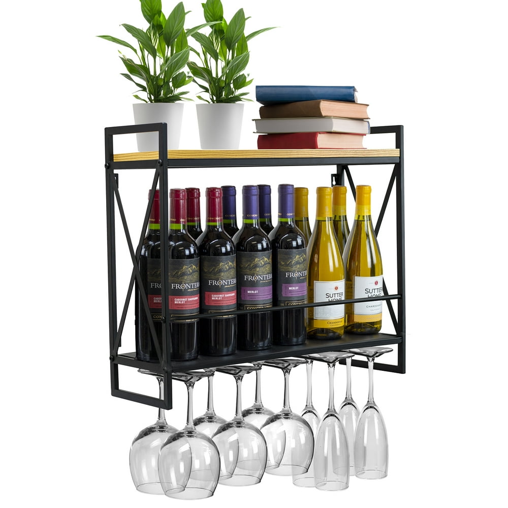 Industrial Wine Racks Wall Mounted with 5 Stem Glass Holder