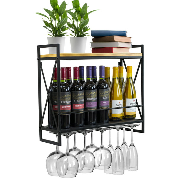 Industrial Wine Racks Wall Mounted With 5 Stem Glass Holder Com - Wine Rack Floating Wall Shelf With Glass Holder