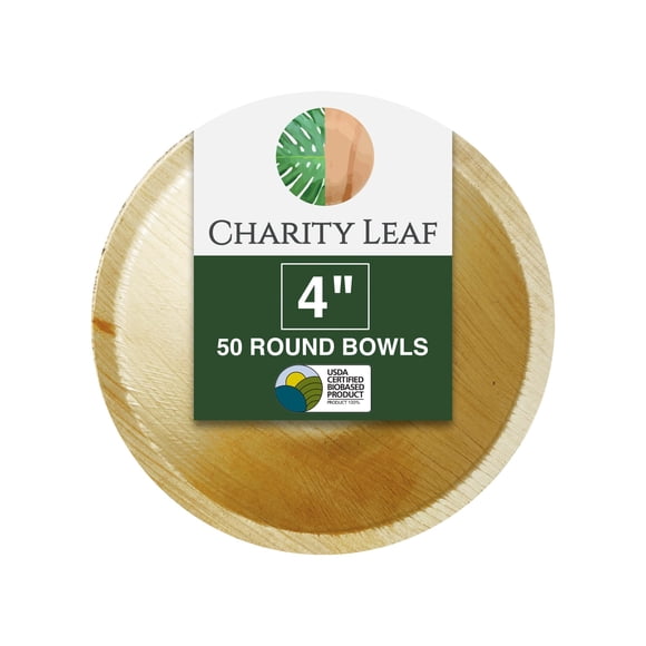 Charity Leaf Bol Rond Jetable en Forme de Feuille de Palmier 4 Pouces (50 Pcs) Bols à Trempette / Semblable au Bambou / Entièrement Naturel et Biodégradable / Planches de Charcuterie, B