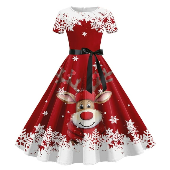 Arlun Women's Christmas Midi Dress 1950s Retro Short Sleeve X-Mas Holiday Party Dressy Cute Reindeer Graphic Printed Trendy Swing A-Line Flare Dresses 2025 Red XL