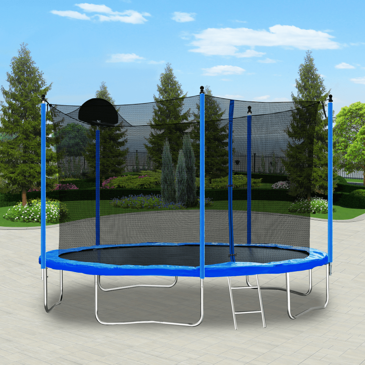 SOGES Trampoline with Basketball Hoop and Safety Enclosure, Blue, 141.70" x 141.70" x 110.20"
