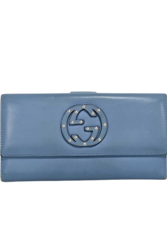 Pre-Owned GUCCI long wallet, Interlocking G design, 231843, blue leather, women's, studs.