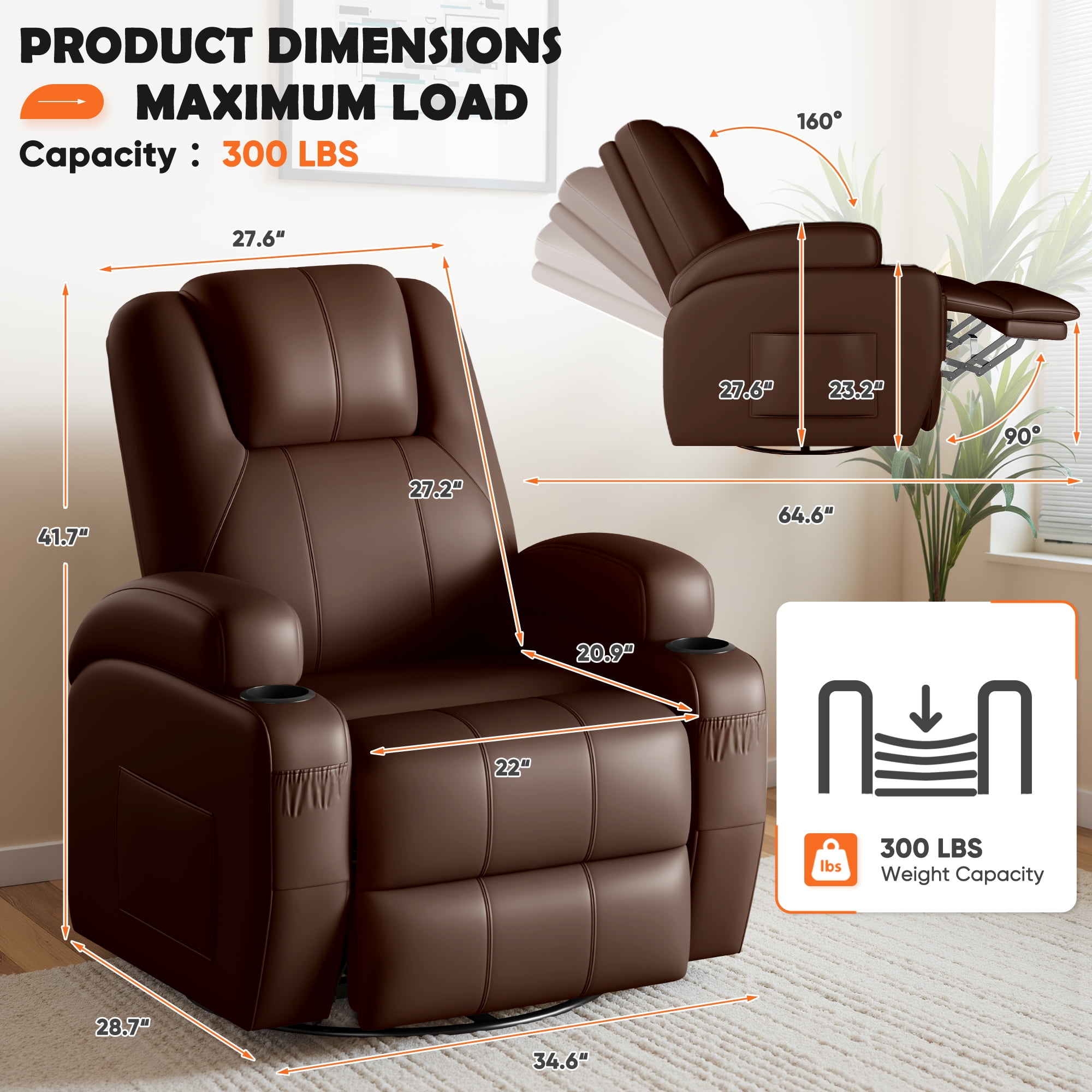 Furmax 360° Swivel Rocking Chair Power Massage Recliner With nursing Needs Oversized Furniture For Living Room,,PU Brown