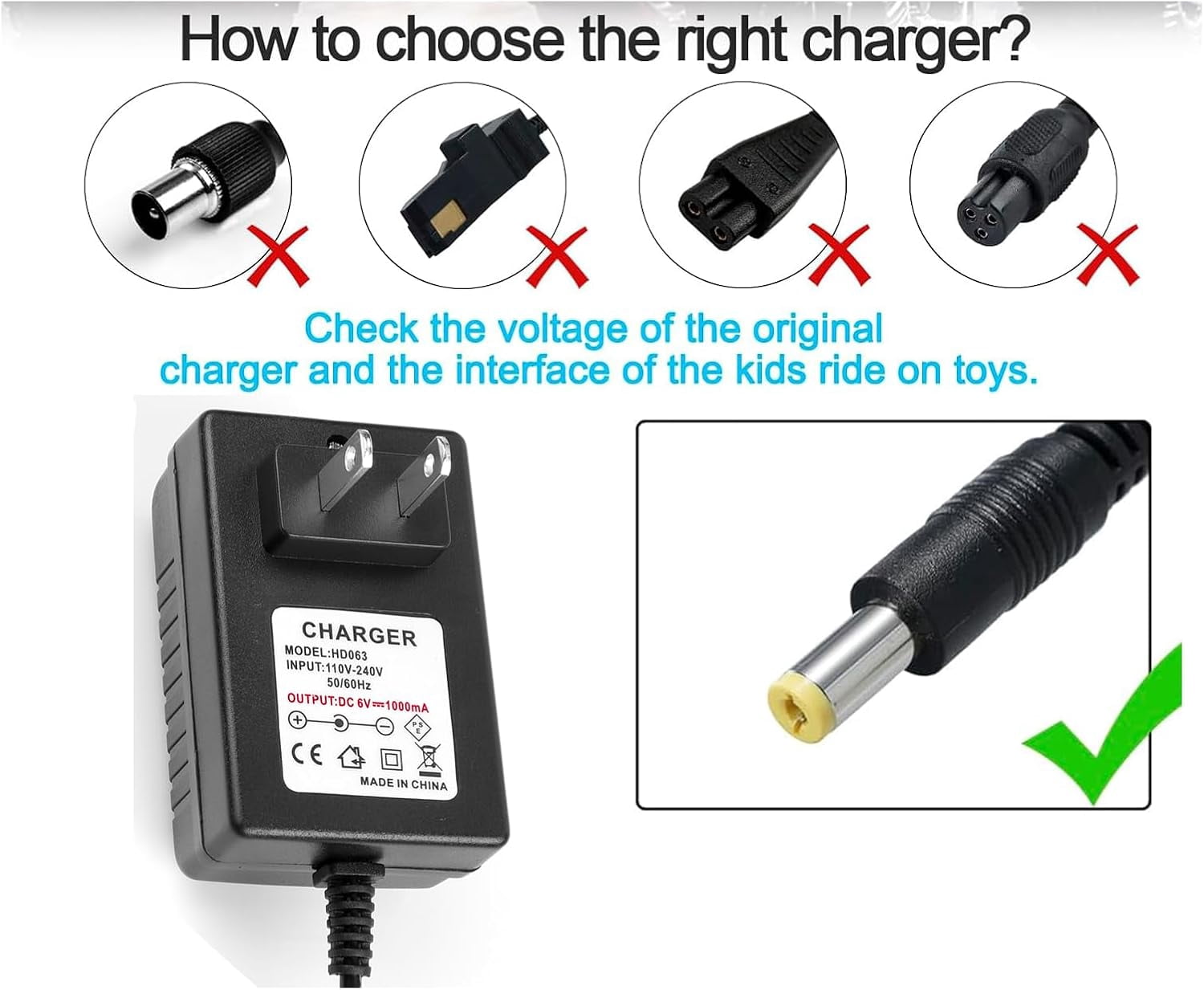 6V Battery Charger for Ride On Toys,6V 1A Battery Charger