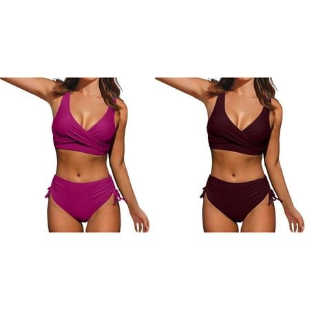 2 Pack(Hot Pink & Wine) Women High Waisted Bikini Plus Swim Suit Push Up Two Bra Bathing Suit Tops for Women Piece Swimsuits Vintage Swimsuit Two Piece Retro R